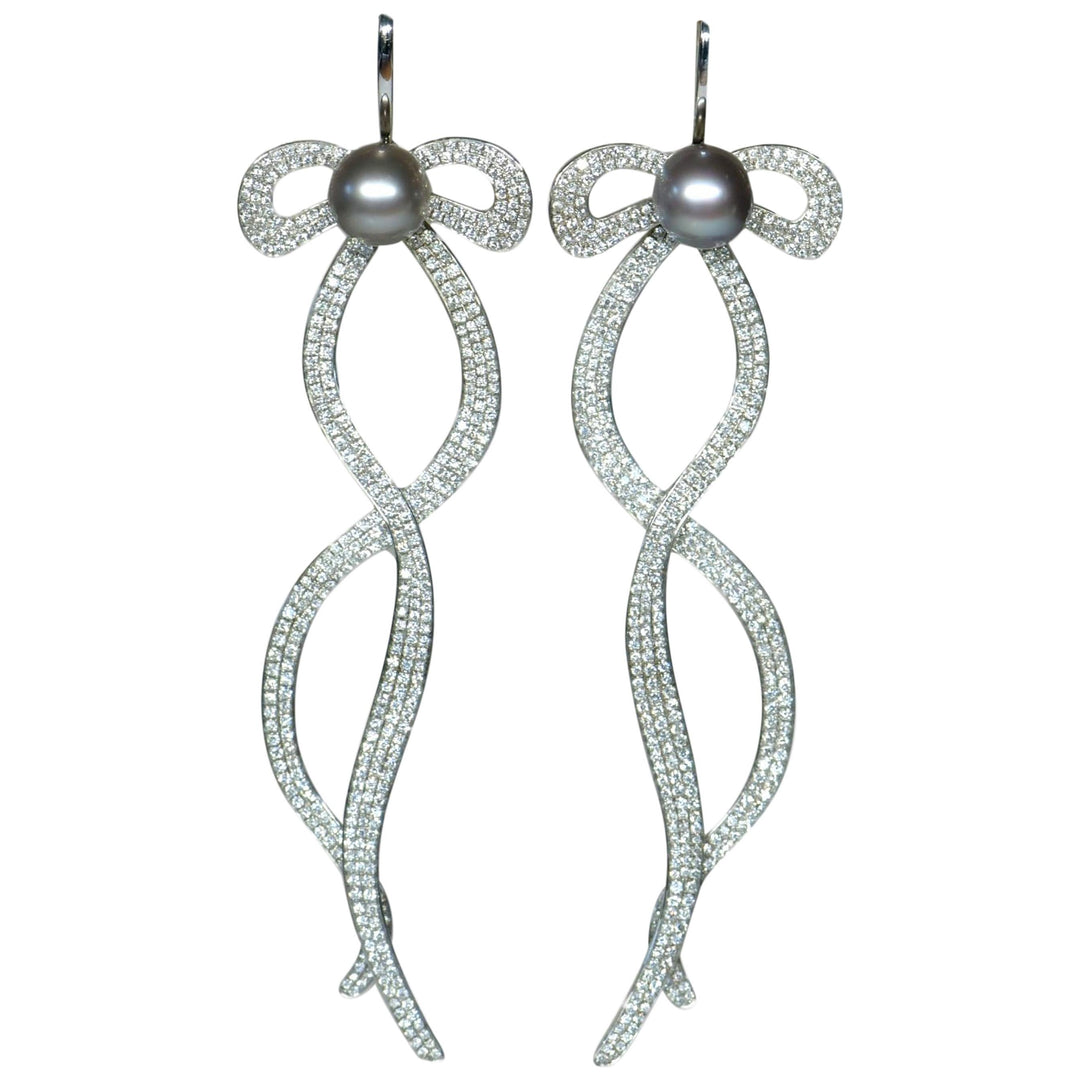 Preloved Diamond Pearl 18K White Gold Long Bow Earrings