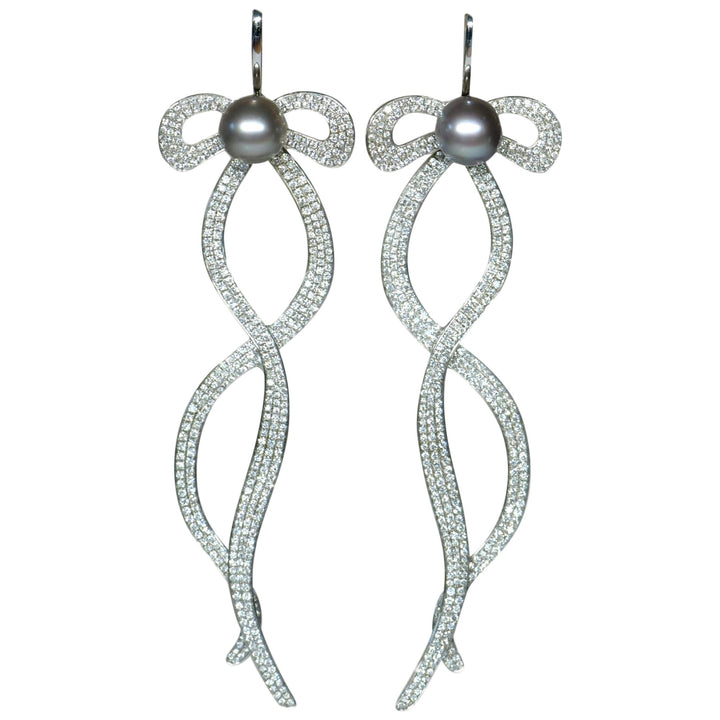 Preloved Diamond Pearl 18K White Gold Long Bow Earrings