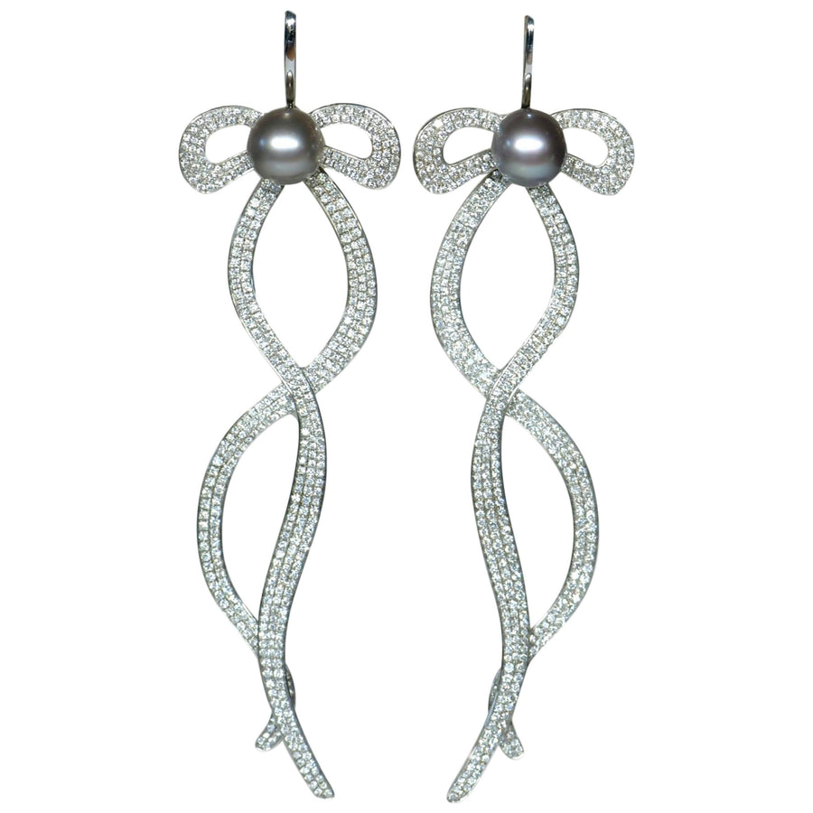 Preloved Diamond Pearl 18K White Gold Long Bow Earrings