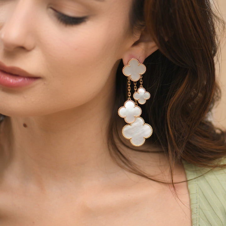 Preloved VCA Magic Alhambra 4 Motif Mother of Pearl 18K Yellow Gold Earrings