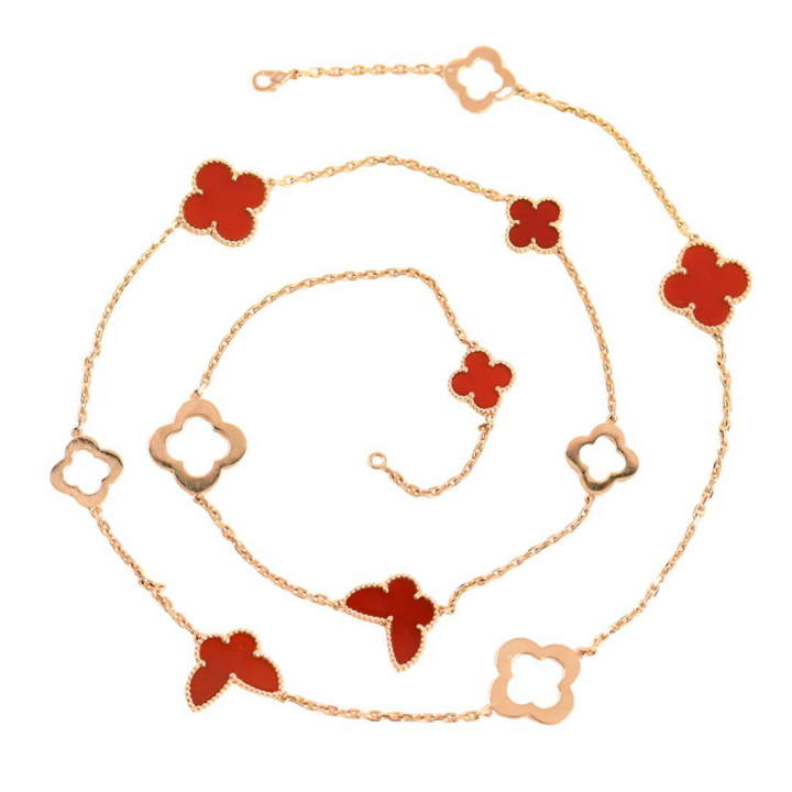 Van Cleef & Arpels Limited Edition Byzantine Lucky Alhambra Carnelian 18K Rose Gold Necklace