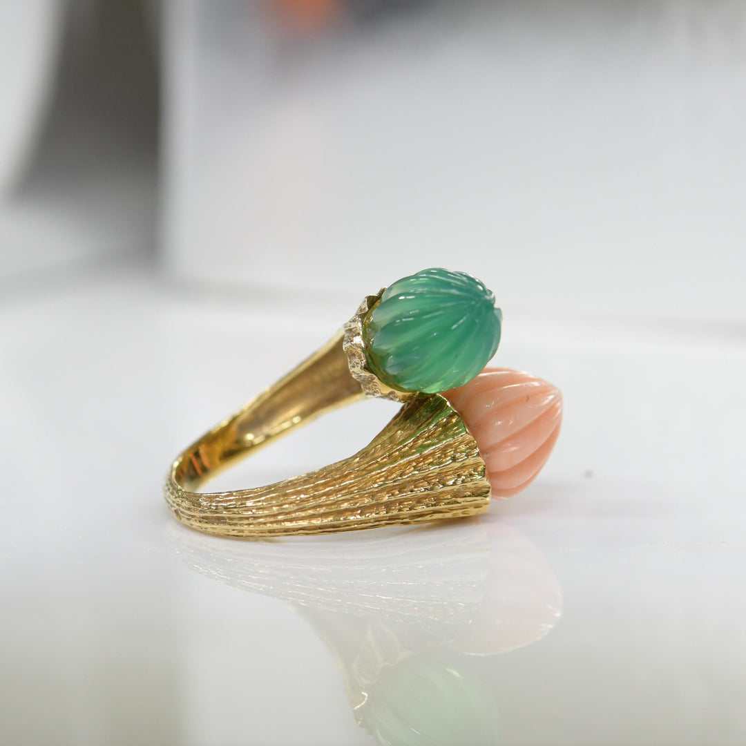 Preowned Toi et Moi Coral Chalcedony 18K Yellow Gold Ring