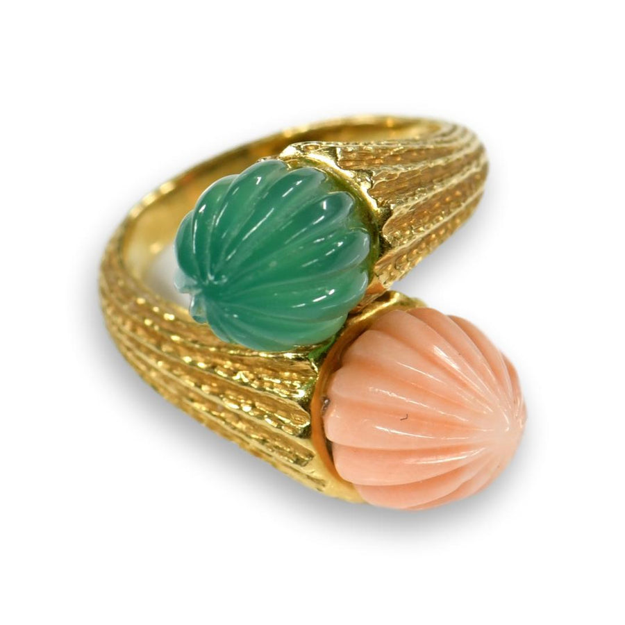 Preloved Toi et Moi Coral Chalcedony 18K Yellow Gold Ring