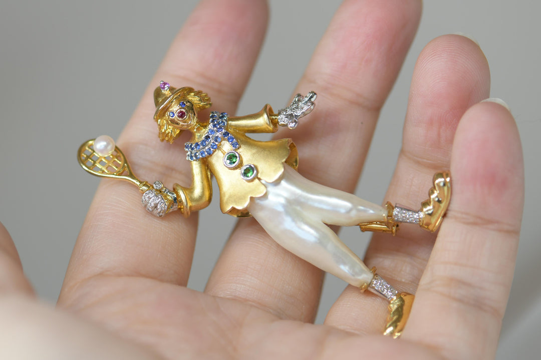 Second Hand Pearl Diamond Multi-Gemstone 18K Yellow Gold Clown Brooch Pendant