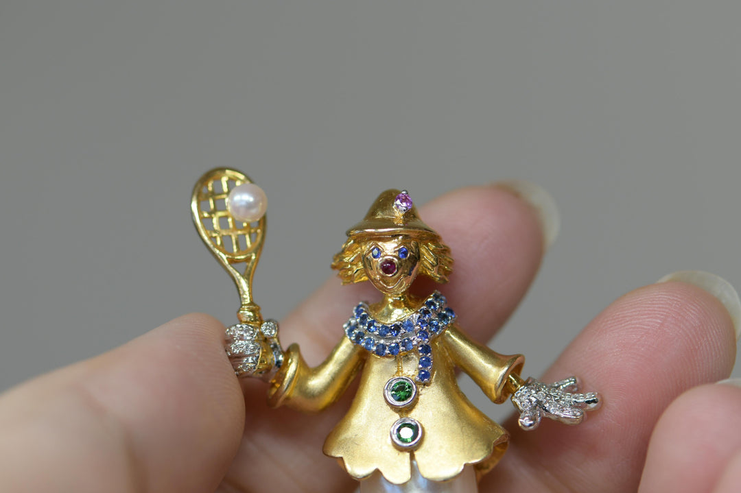Used Pearl Diamond Multi-Gemstone 18K Yellow Gold Clown Brooch Pendant
