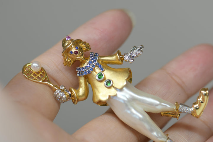 Preowned Pearl Diamond Multi-Gem 18K Yellow Gold Clown Brooch Pendant