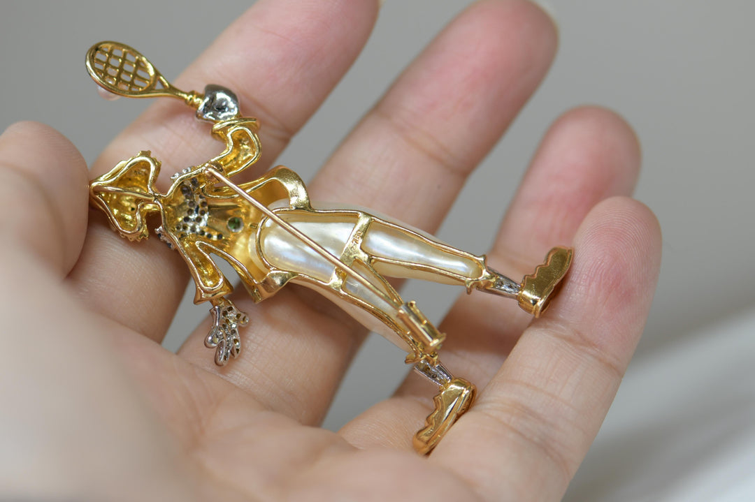 Second hand Pearl Diamond Multi-Gem 18K Yellow Gold Clown Brooch Pendant