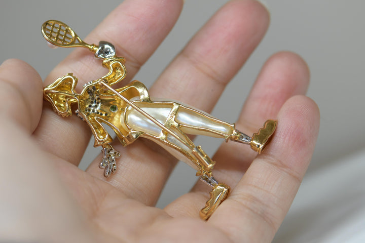 Second hand Pearl Diamond Multi-Gem 18K Yellow Gold Clown Brooch Pendant