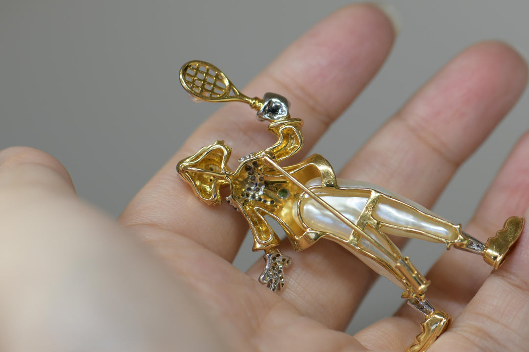 Used Pearl Diamond Multi-Gem 18K Yellow Gold Clown Brooch Pendant