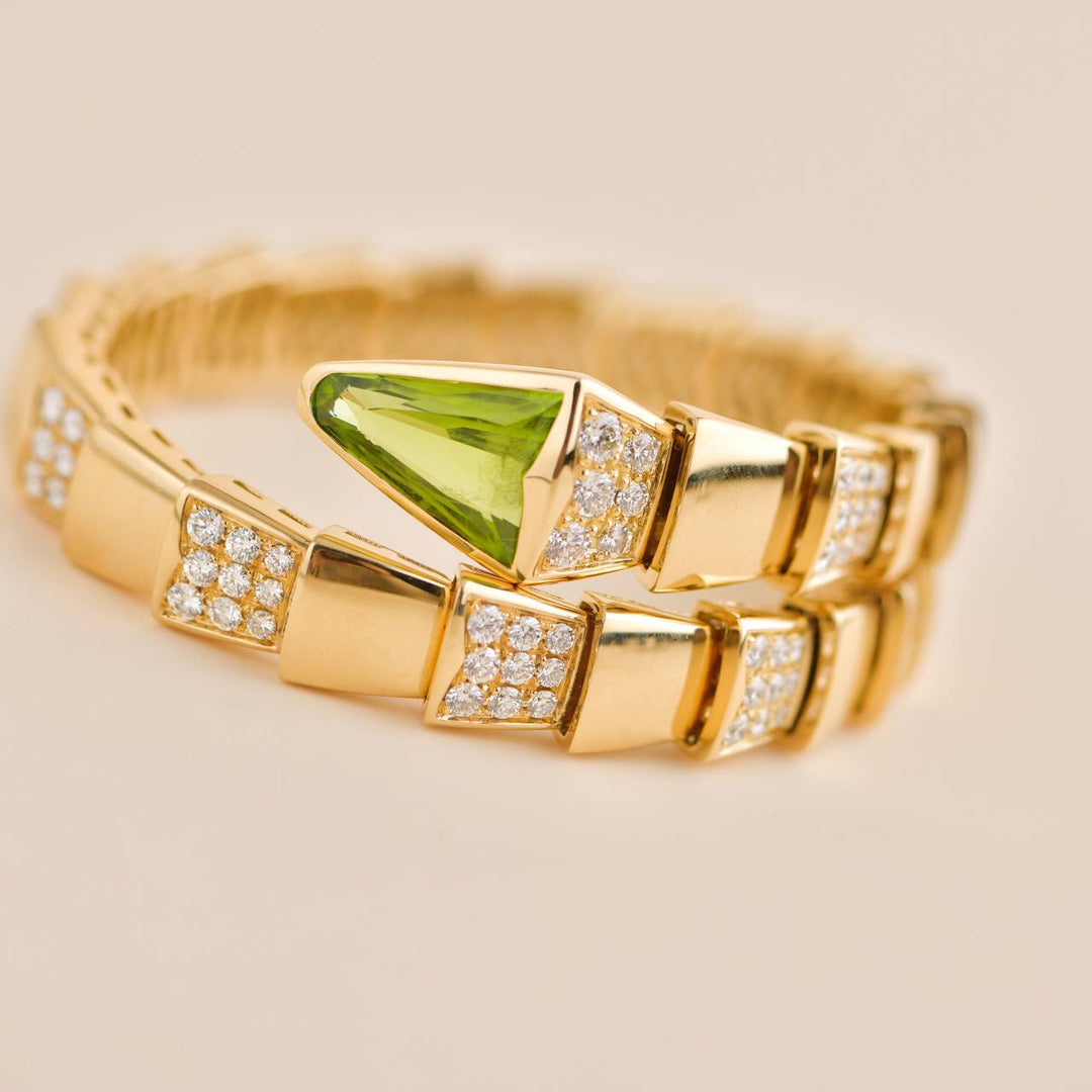 Preloved Bulgari Serpenti Pave Diamond Peridot 18k Yellow Gold Bracelet