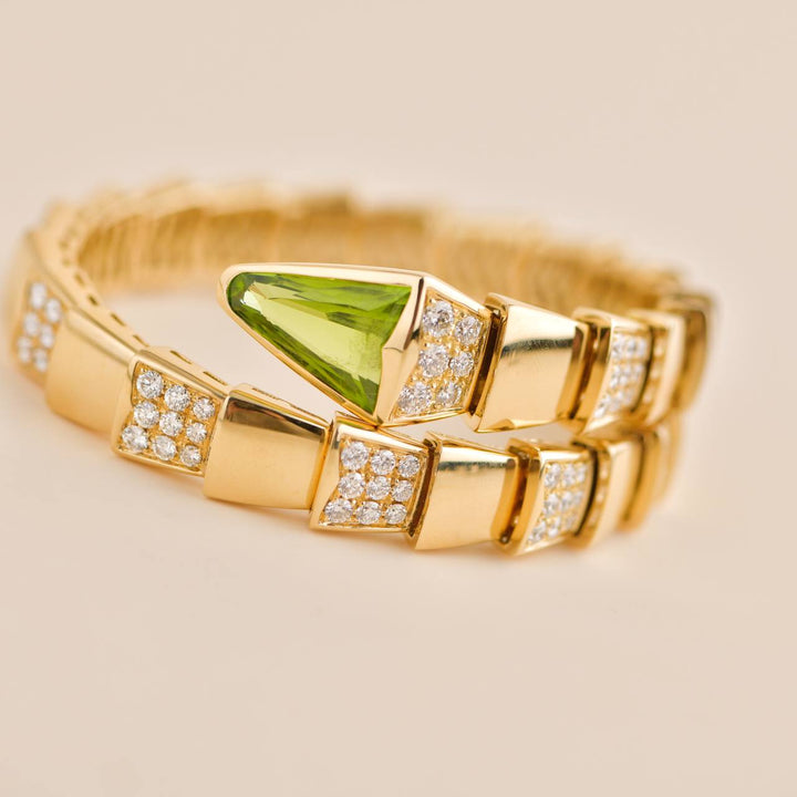 Preloved Bulgari Serpenti Pave Diamond Peridot 18k Yellow Gold Bracelet
