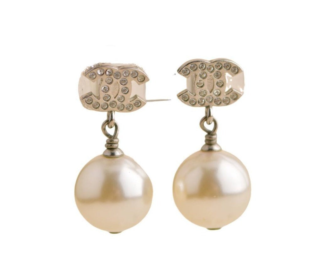 Chanel CC Silver Tone Crystal Faux Pearl Earrings – Dandelion Antiques