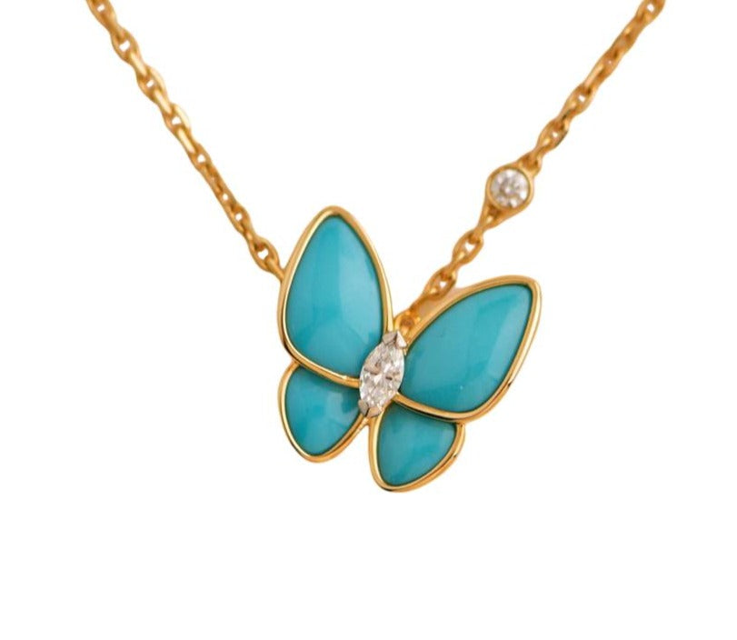 Preloved Van Cleef & Arpels 18K Yellow Gold Turquoise Butterfly Diamond Pendant