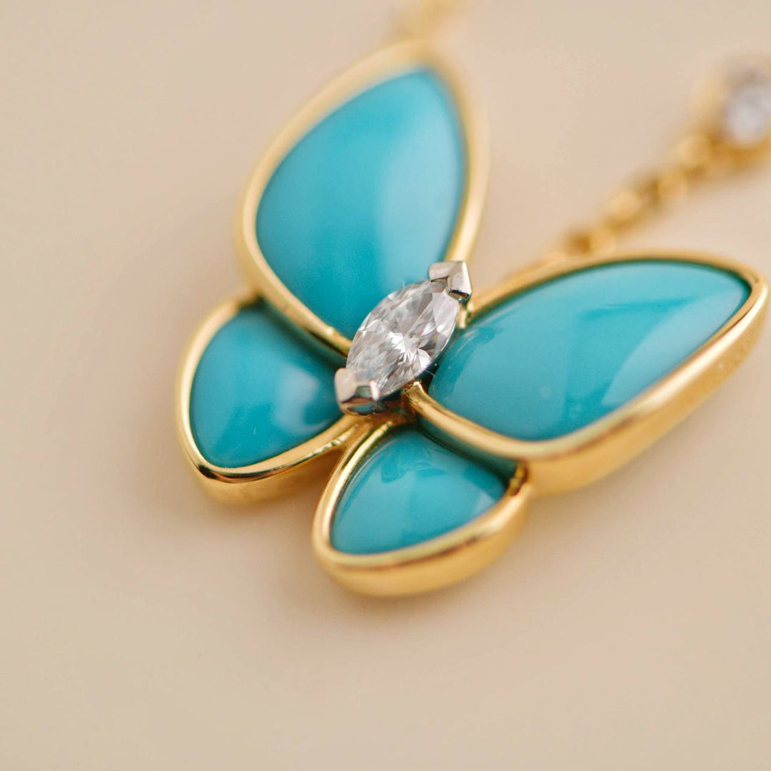 Preowned Van Cleef 18K Yellow Gold Turquoise Butterfly Diamond Pendant