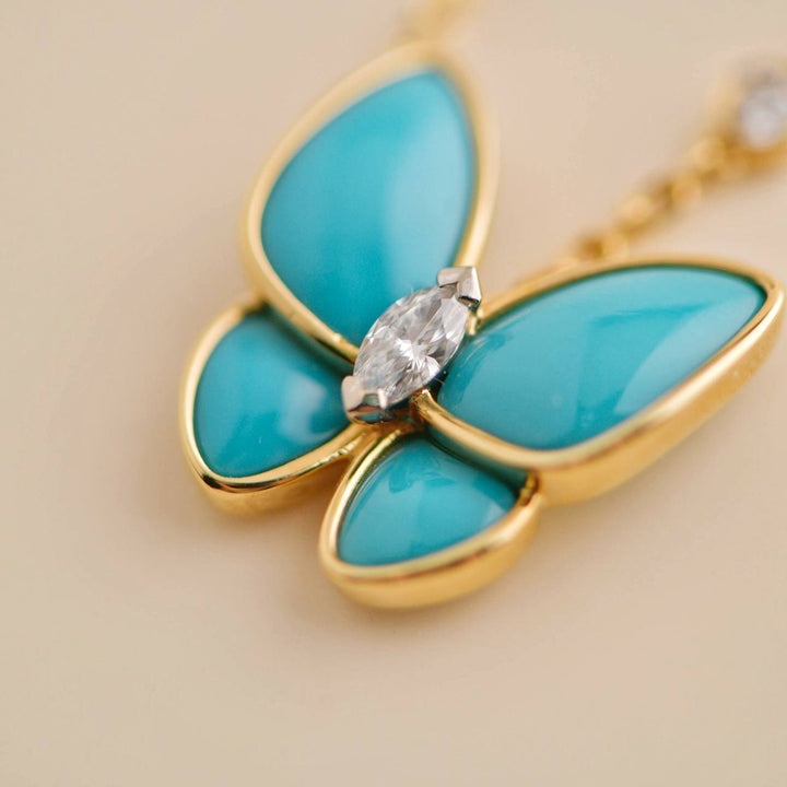 Preowned Van Cleef 18K Yellow Gold Turquoise Butterfly Diamond Pendant