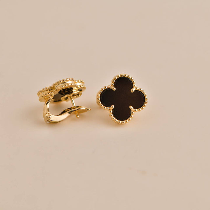 Preowned Van Cleef Vintage Alhambra Black Onyx 18K Yellow Gold Earrings
