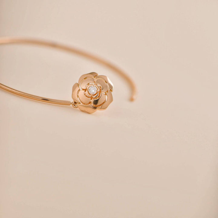 Used Chanel Diamond Extrait de Camélia 18K Rose Gold Hoop Earrings