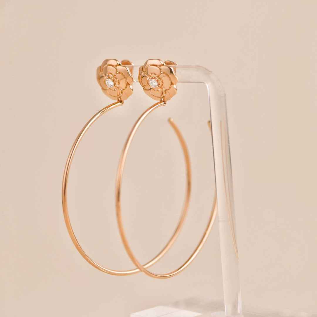 Preowned Chanel Diamond Extrait de Camélia 18K Gold Hoop Earrings