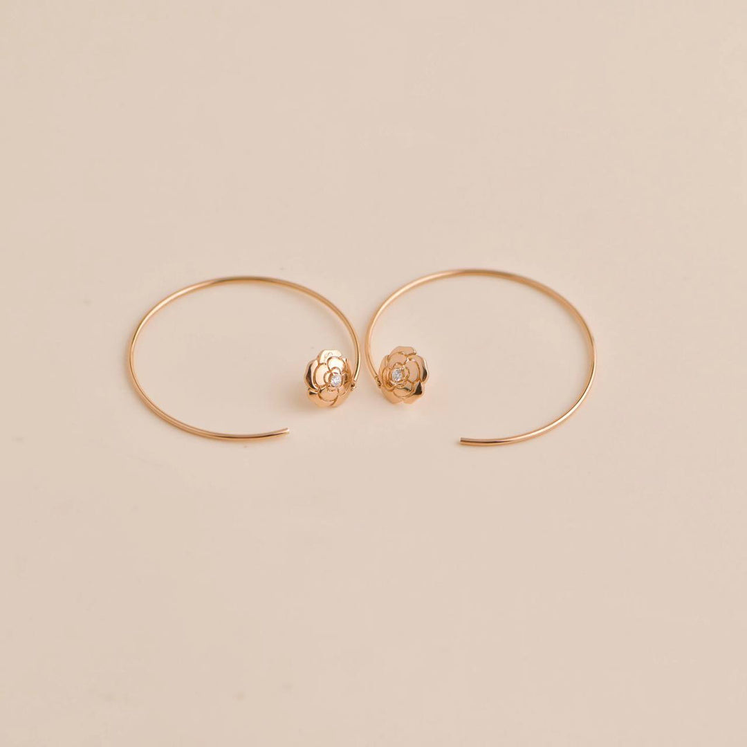 Second Hand Chanel Diamond Extrait de Camélia 18K Gold Hoop Earrings