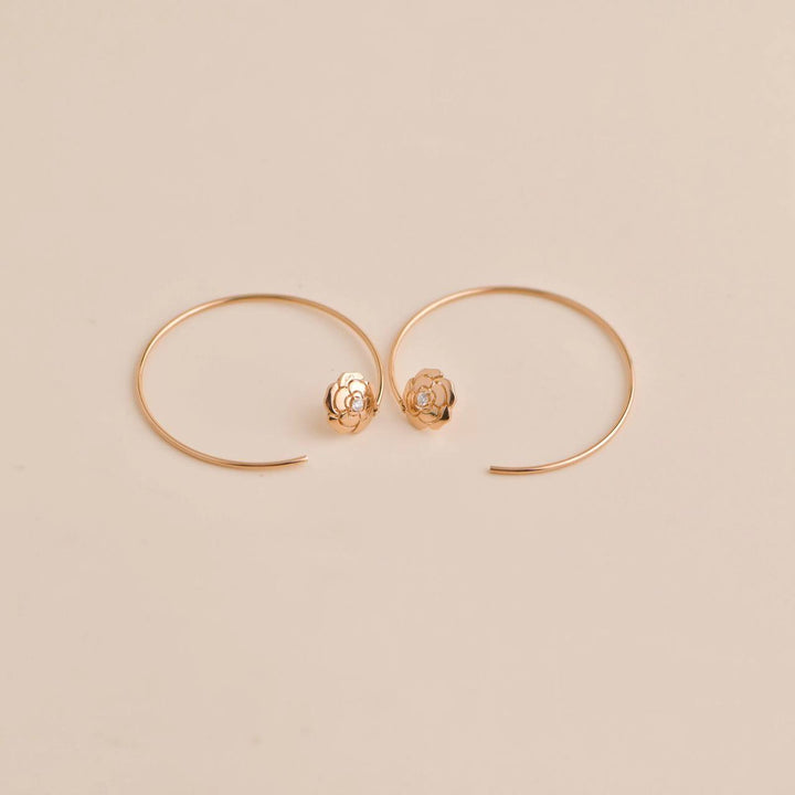 Second Hand Chanel Diamond Extrait de Camélia 18K Gold Hoop Earrings