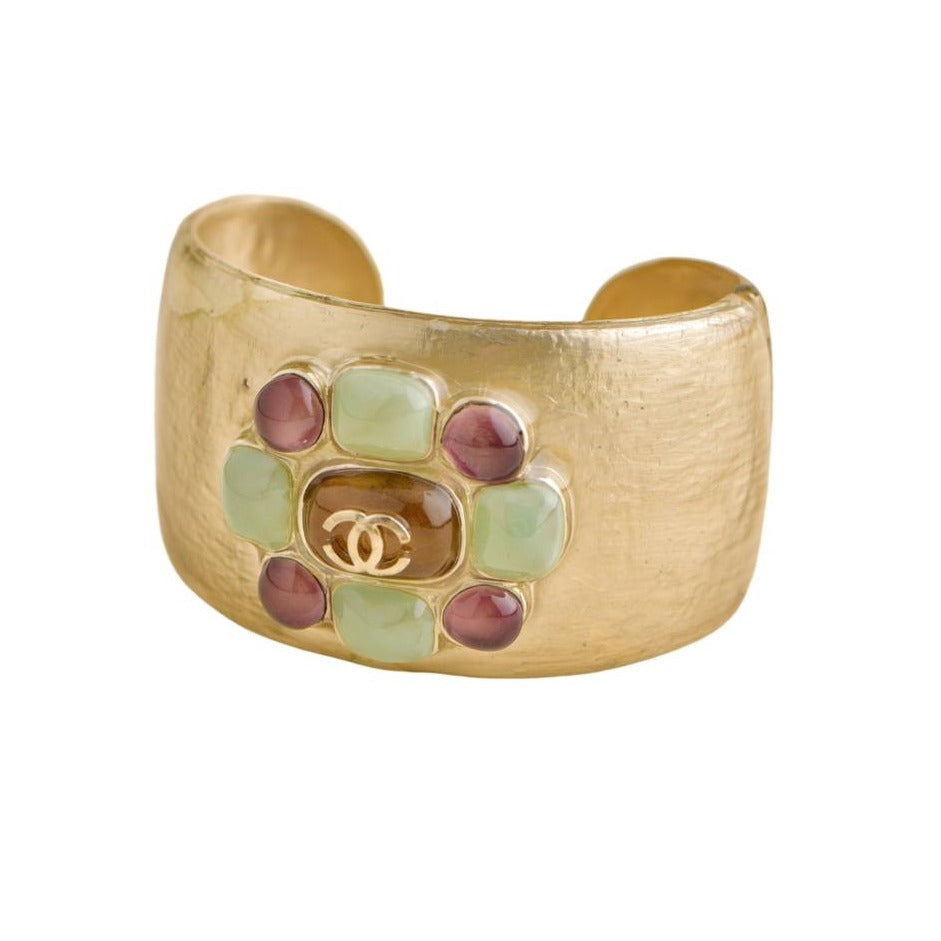 Preloved Chanel Gold Metal Multi Colour Glass Gripoix Cuff Bracelet