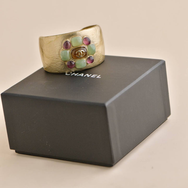 Preowned Chanel Gold Metal Multi Colour Glass Gripoix Cuff Bracelet