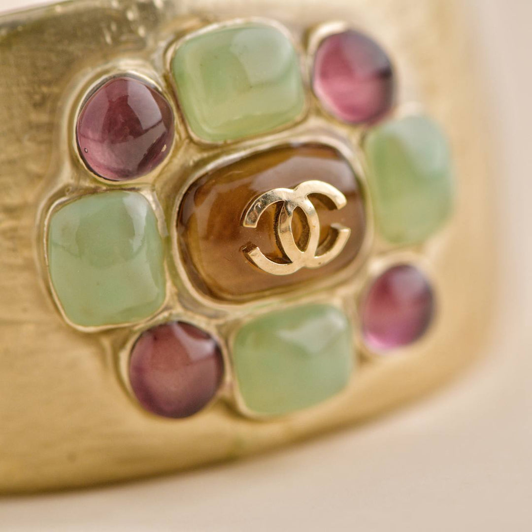 Preowned Chanel Gold Tone Multi Colour Glass Gripoix Cuff Bracelet