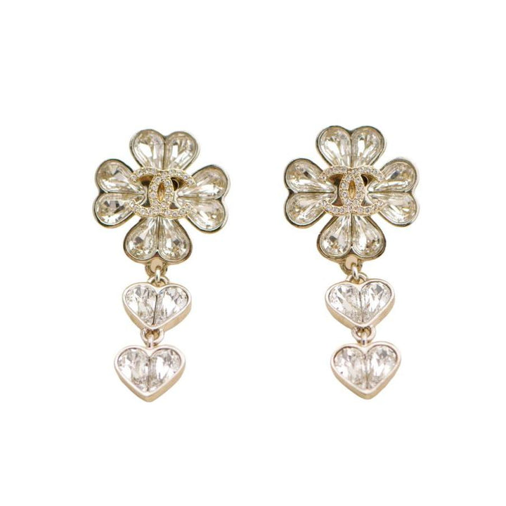 Preloved Chanel CC Crystal Clover Heart Drop Silver Earrings