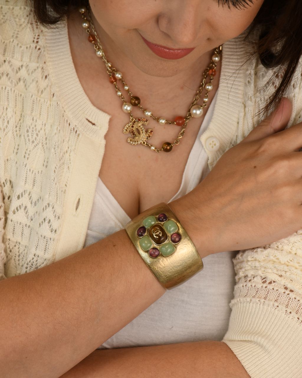 Used Chanel Gold Metal Multi Colour Glass Gripoix Cuff Bracelet