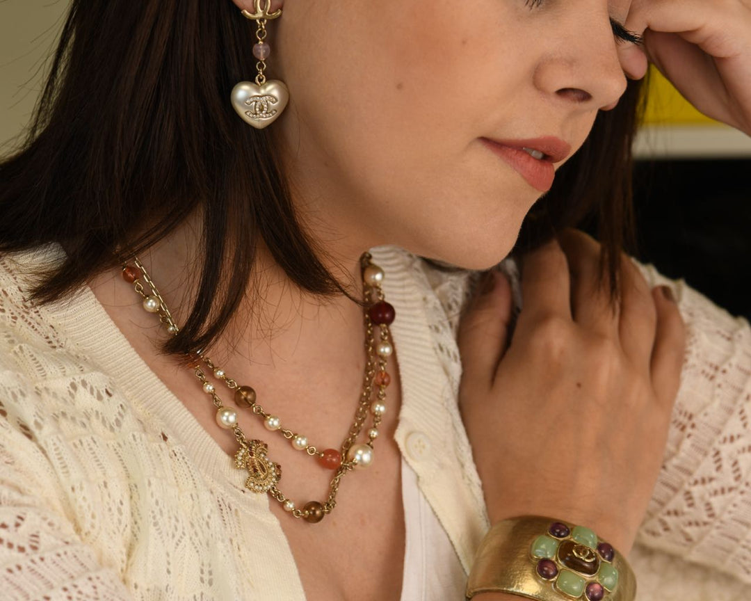 Used Chanel CC Double Glass Pearls Chain Long Necklace