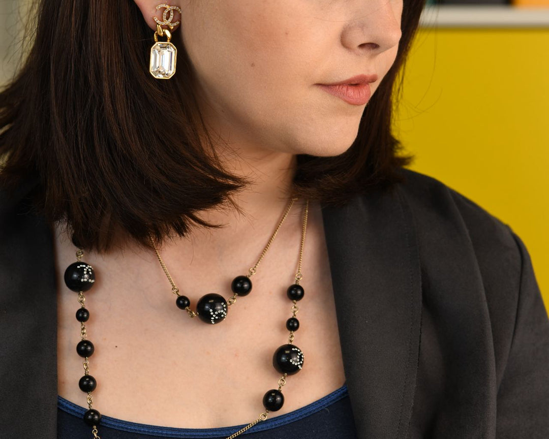 Second Hand Chanel CC Black Beads Long Chain Necklace