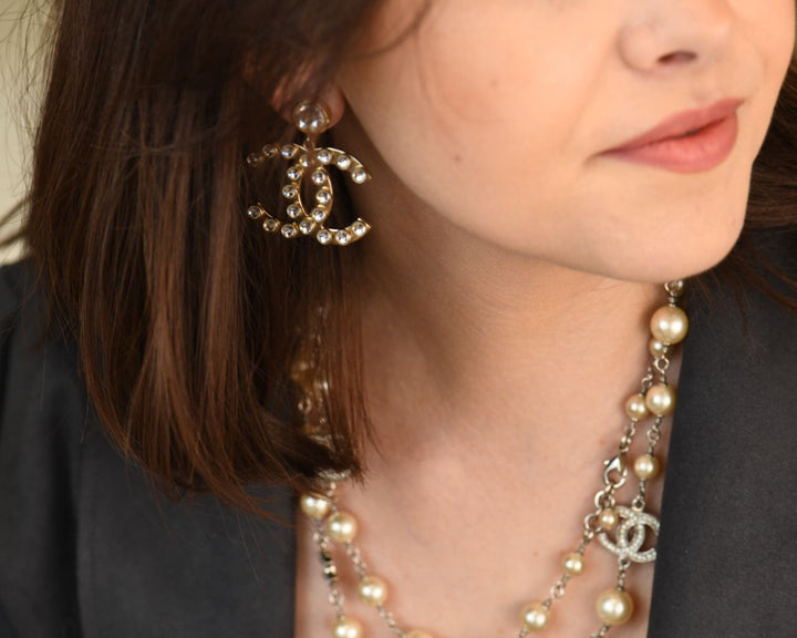 Used Chanel CC Logo Crystal Drop Earrings