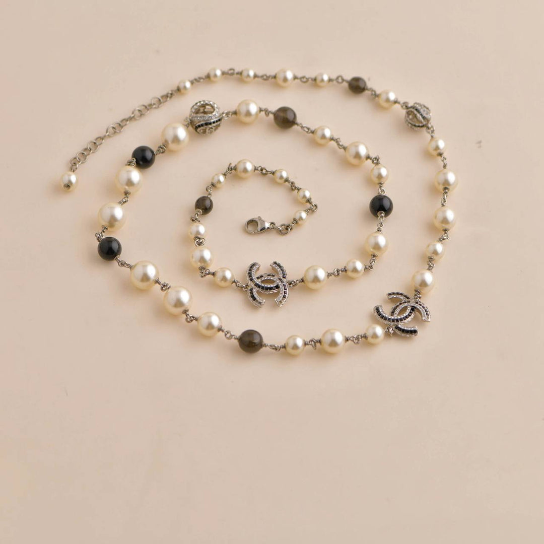 Used Chanel CC Faux Pearl Crystal Enamel Gold Tone Necklace