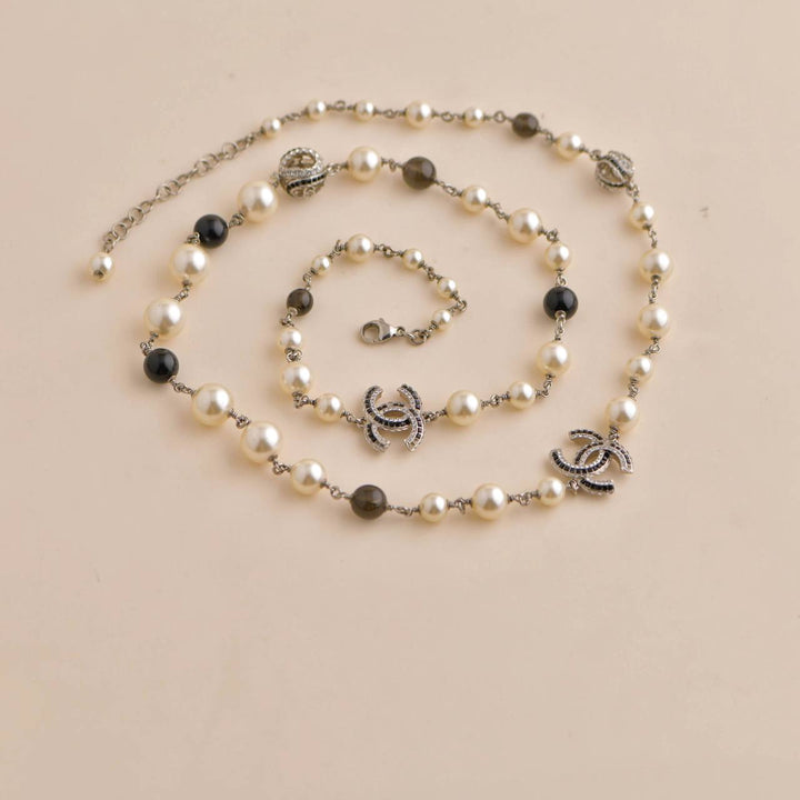 Used Chanel CC Faux Pearl Crystal Enamel Gold Tone Necklace