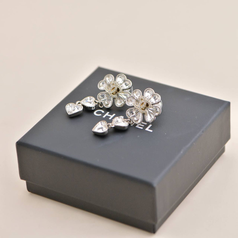 Preowned Chanel CC Crystal Clover Heart Drop Silver Earrings