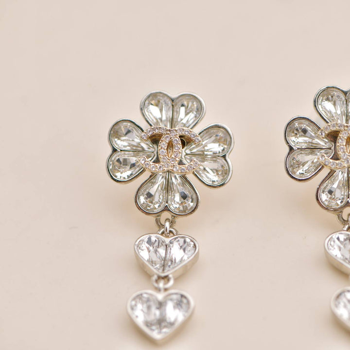 Preowned Chanel CC Crystal Clover Heart Drop Silver Drop Earrings