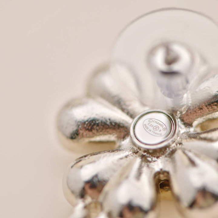 Second Hand Chanel CC Crystal Clover Heart Drop Silver Drop Earrings