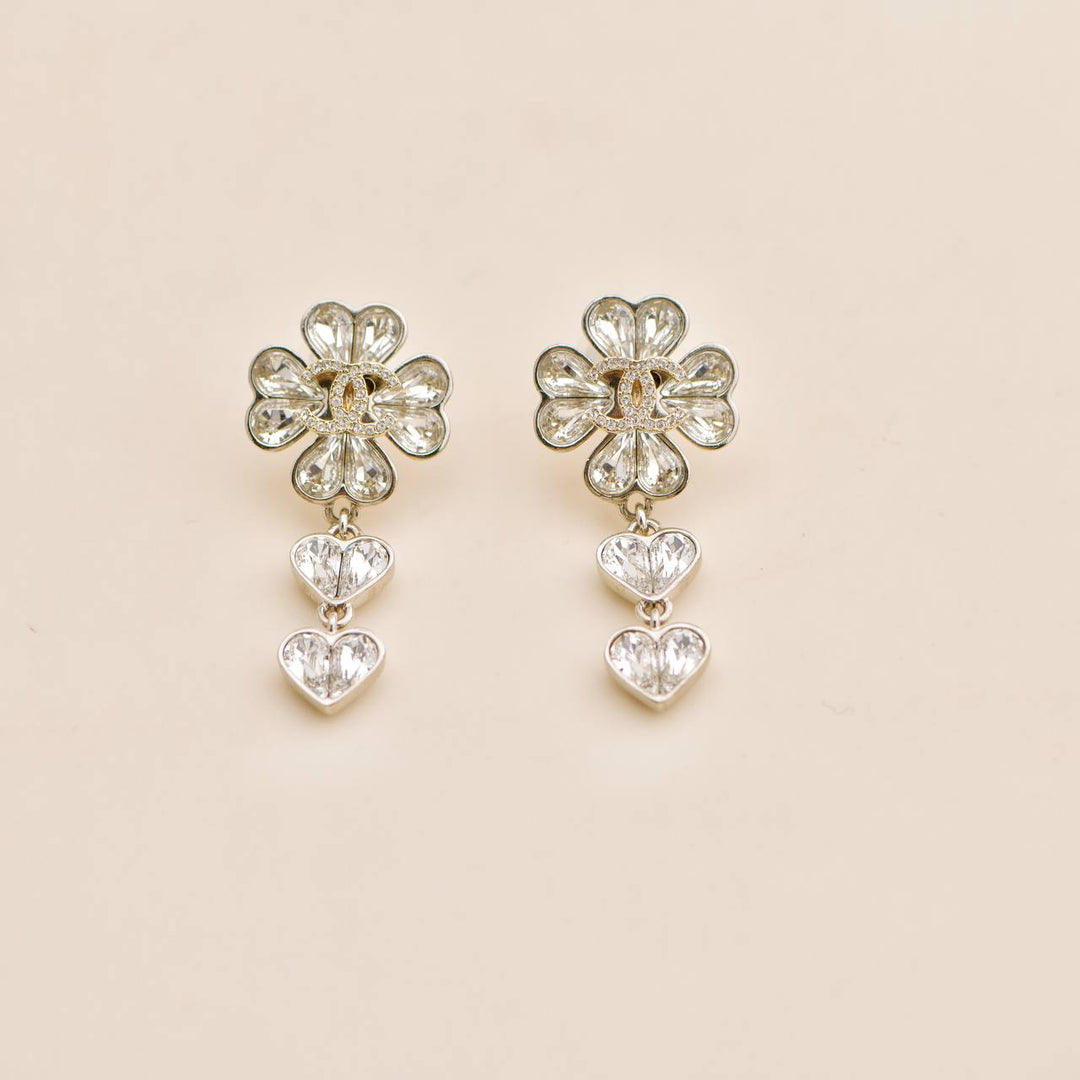 Used Chanel CC Crystal Clover Heart Drop Silver Drop Earrings