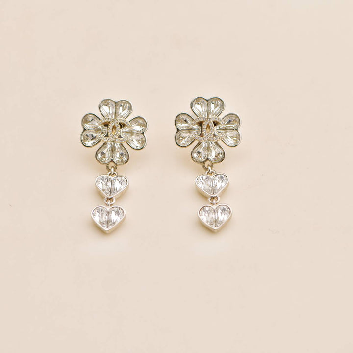 Used Chanel CC Crystal Clover Heart Drop Silver Drop Earrings