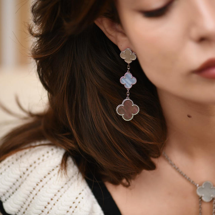 Preowned VCA Magic Mother of Pearl and Chalcedony 18K White Gold 3 Motif Earrings