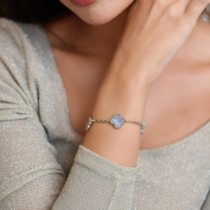 Van Cleef & Arpels Vintage Alhambra Chalcedony 5 Motif 18K White Gold Bracelet