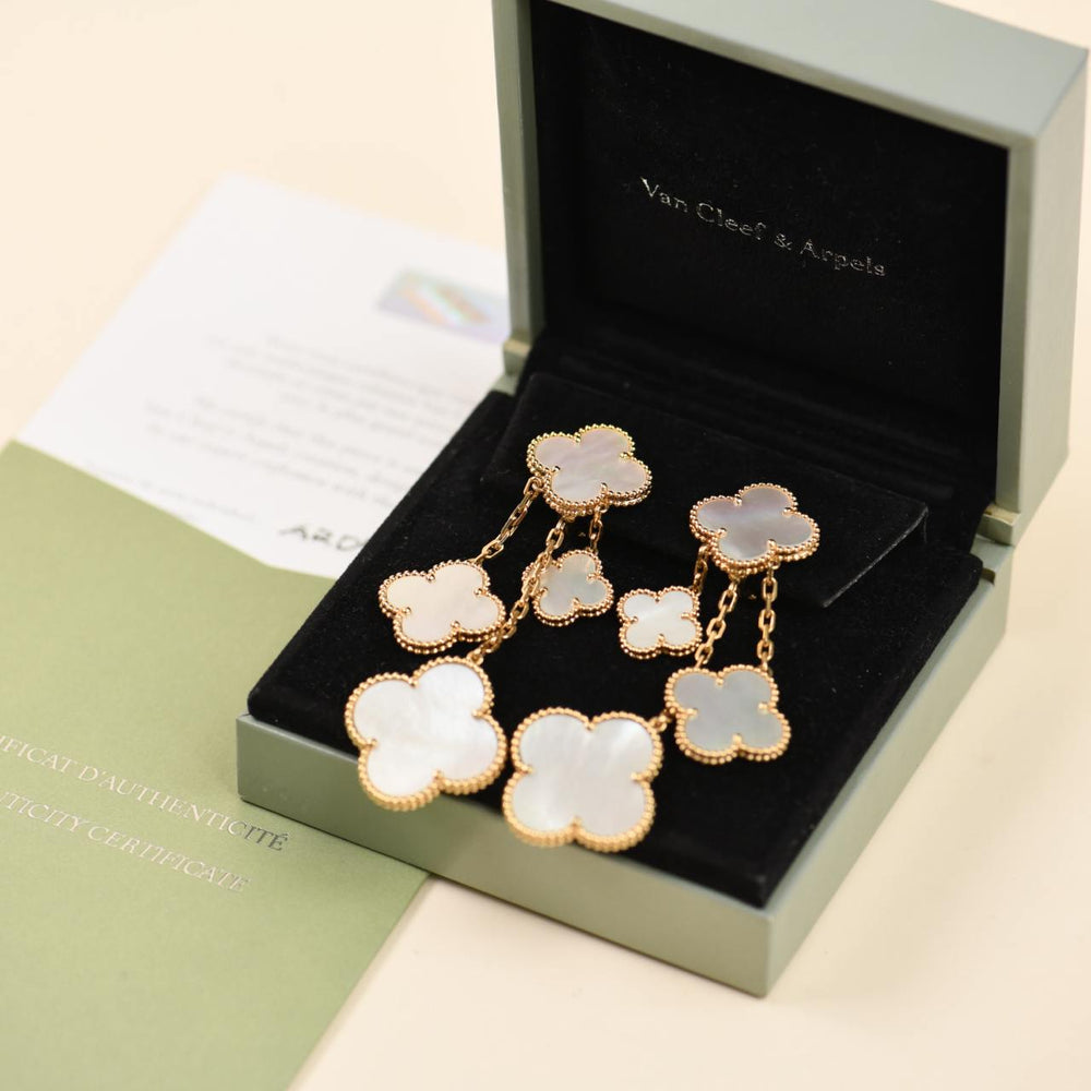 Preowned Van Cleef & Arpels Magic Alhambra 4 motif Mother of Pearl 18K Yellow Gold Earrings