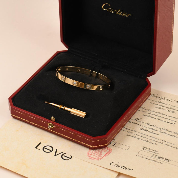 Cartier Love 10 Diamonds 18K Yellow Gold Bracelet Size 17