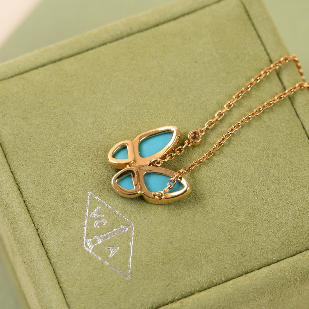 Preloved Van Cleef & Arpels Turquoise Butterfly Diamond 18K Yellow Gold Pendant Necklace