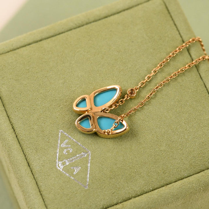 Preloved Van Cleef & Arpels Turquoise Butterfly Diamond 18K Yellow Gold Pendant Necklace