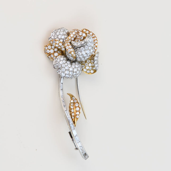 Second Hand Diamond Rose Flower 18K Gold Brooch