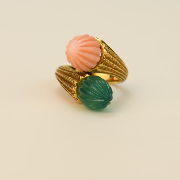 Toi et Moi Coral Chalcedony 18K Yellow Gold Ring