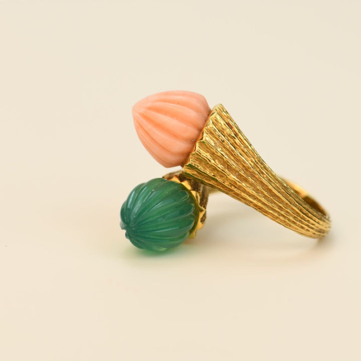 Toi et Moi Coral Chalcedony 18K Yellow Gold Ring