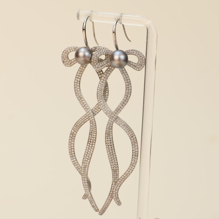 Second Hand Diamond Pearl 18K White Gold Long Bow Earrings