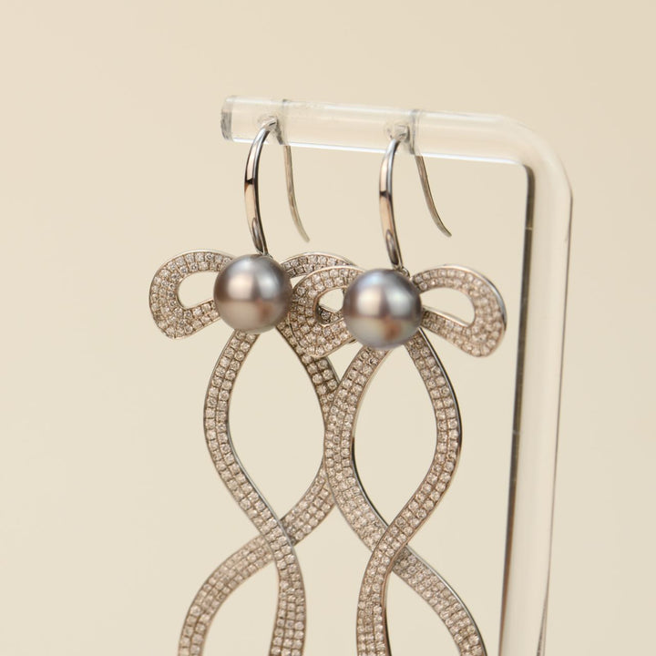 Preloved Diamond Pearl 18K White Gold Long Bow Earrings